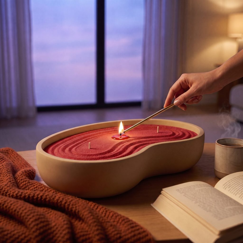 Vela de arena roja con aroma a guayaba