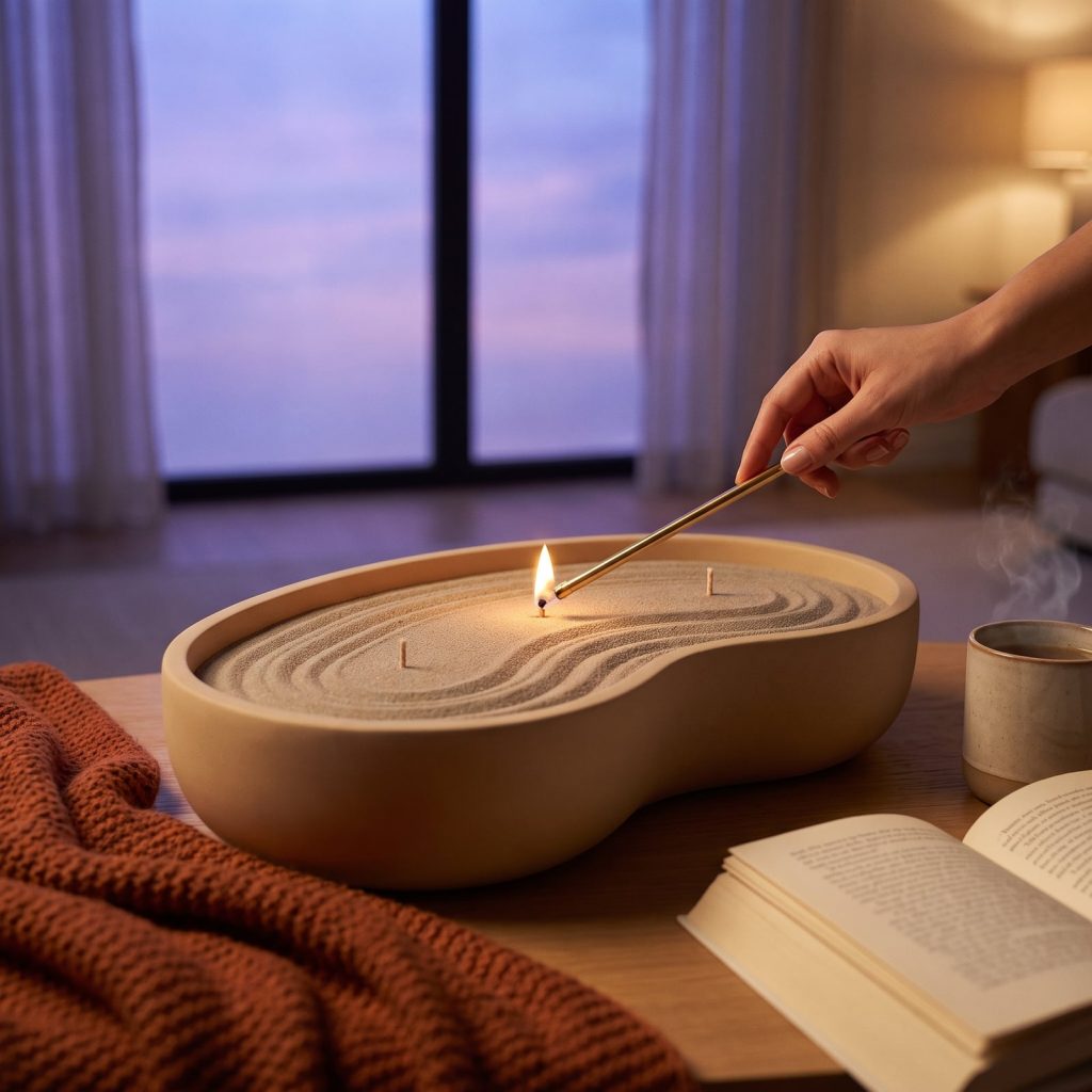Vela de arena beige con aroma a guayaba