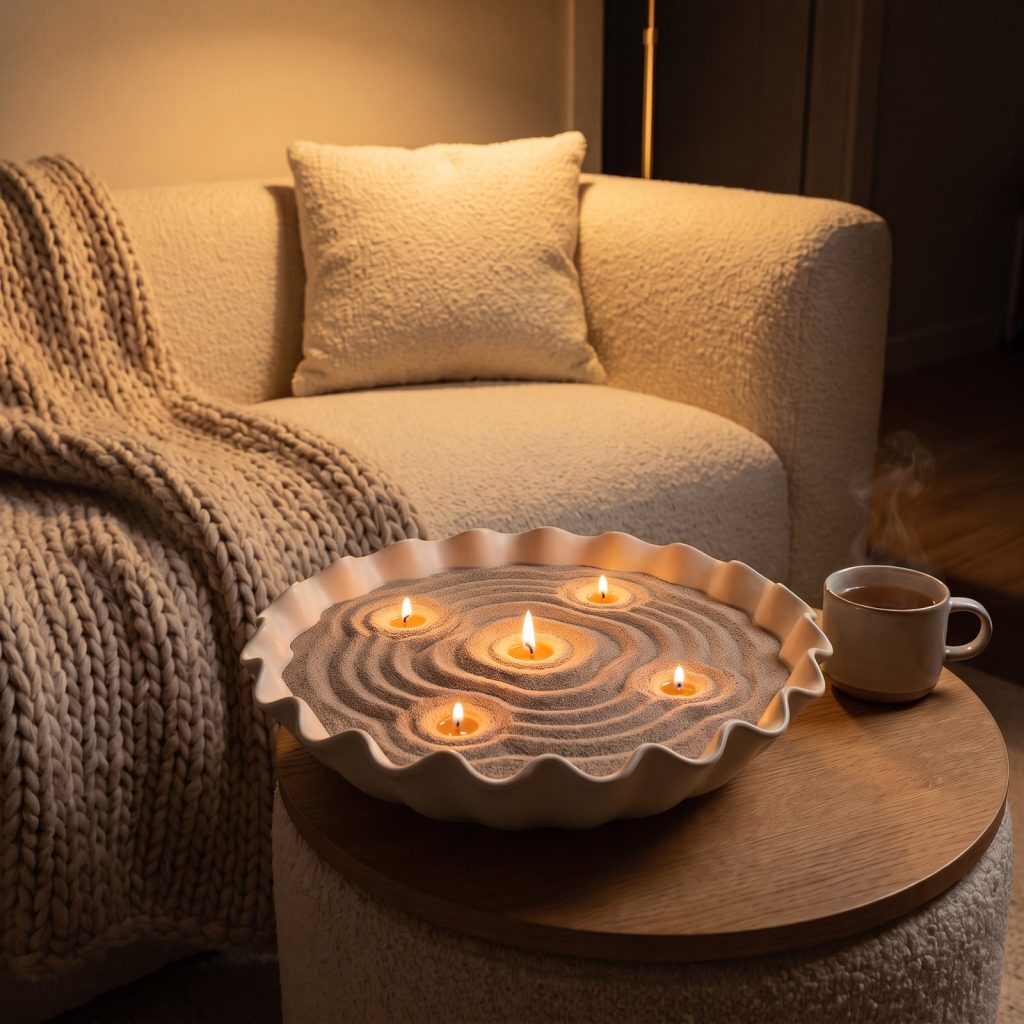 Vela de arena beige con aroma a guayaba