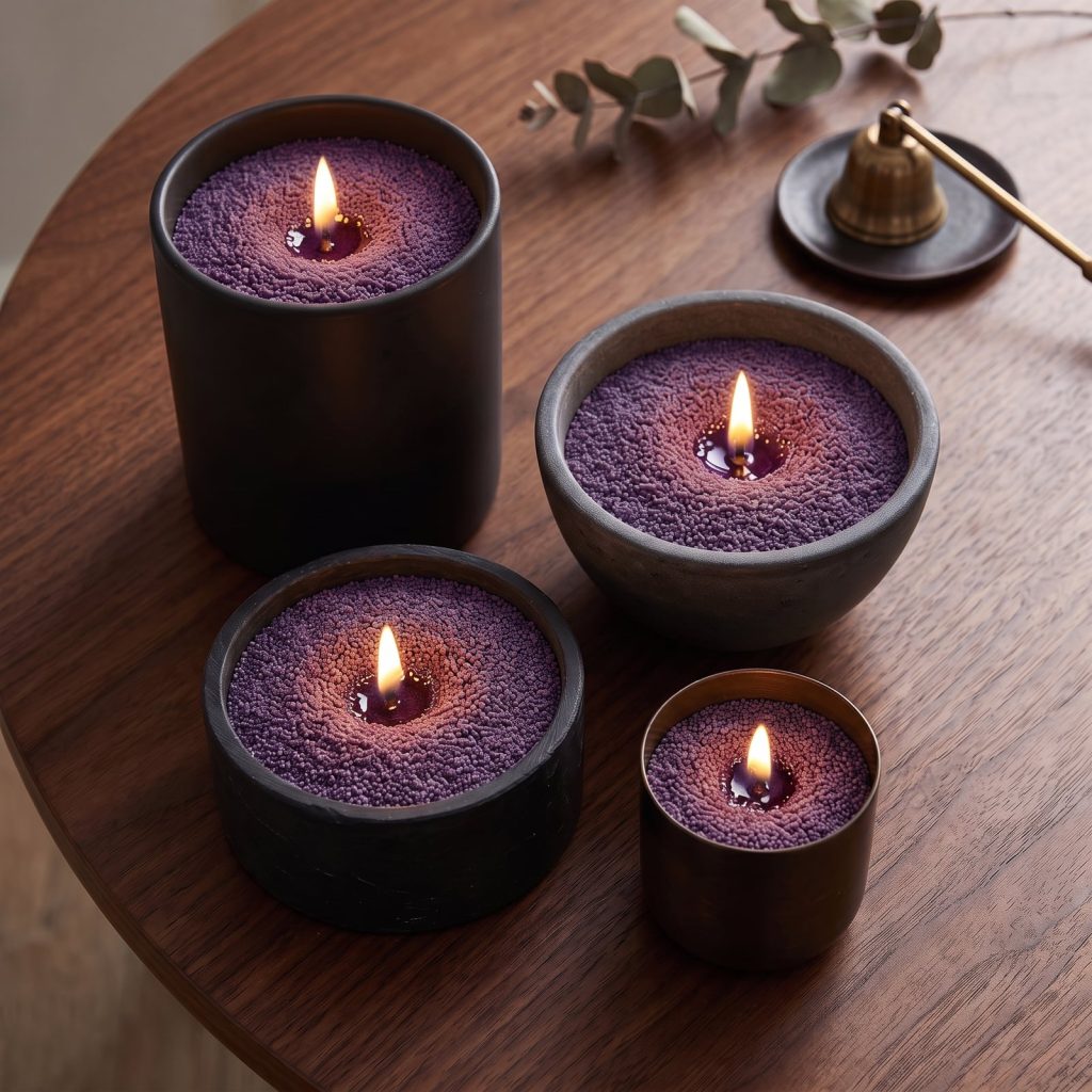 Vela de arena morado oscuro con aroma a guayaba