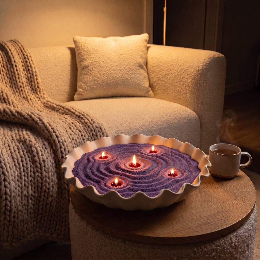 Vela de arena morado oscuro con aroma a guayaba